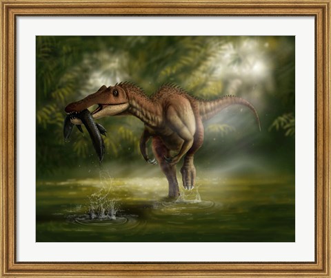 Framed Baryonyx dinosaur catches a fish out of water Print