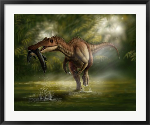 Framed Baryonyx dinosaur catches a fish out of water Print