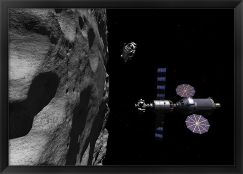 Framed Manned Maneuvering Vehicle descends toward the surface of a small asteroid Print