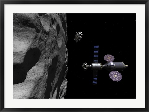 Framed Manned Maneuvering Vehicle descends toward the surface of a small asteroid Print