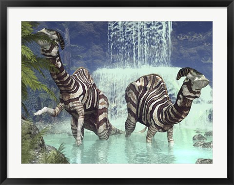 Framed pair of Parasaurolophus feed on flora near a waterfall Print