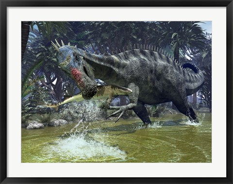 Framed Suchomimus snags a shark from a lush estuary Print