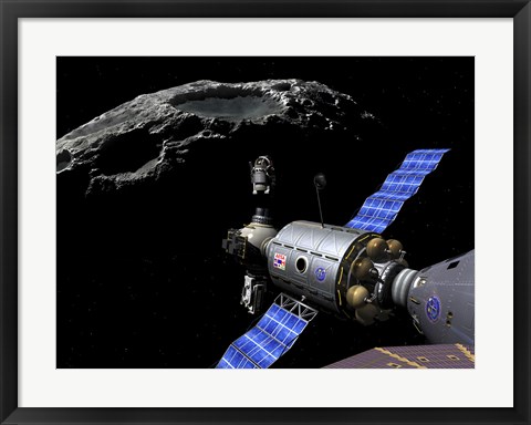 Framed Manned Maneuvering Vehicle undocks and prepares to descend to the surface of a small asteroid Print