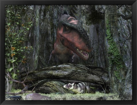 Framed rat-sized Purgatorius hides from a Bistahieversor dinosaur in a cretaceous forest Print