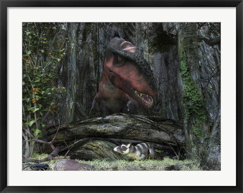 Framed rat-sized Purgatorius hides from a Bistahieversor dinosaur in a cretaceous forest Print