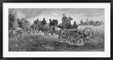 Framed Vintage Civil War print of a team of horses pulling a cannon into battle Print