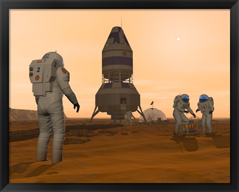 Framed Illustration of Astronauts Setting up a Base on the Martian Surface around their Lander Vehicle Print