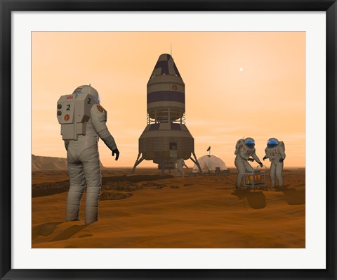 Framed Illustration of Astronauts Setting up a Base on the Martian Surface around their Lander Vehicle Print