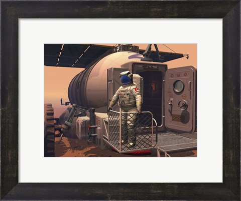 Framed Illustration of an Astronaut Leaving their Mars Rover Vehicle to Explore the Planet&#39;s Surface Print