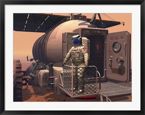 Framed Illustration of an Astronaut Leaving their Mars Rover Vehicle to Explore the Planet&#39;s Surface Print