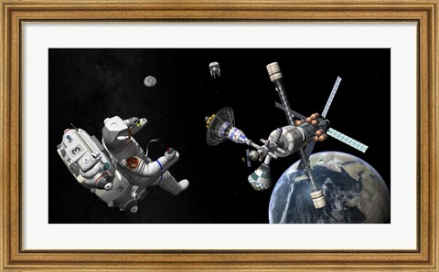 Framed Mars Cycler Travels by the Earth While Two Astronauts Watch From Afar Print