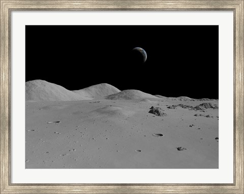 Framed Artist&#39;s Concept of a View Across the Surface of the Moon Towards Earth in the Distance Print