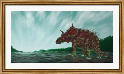 Framed Xenoceratops in the Shallow Waters of a Prehistoric River Print