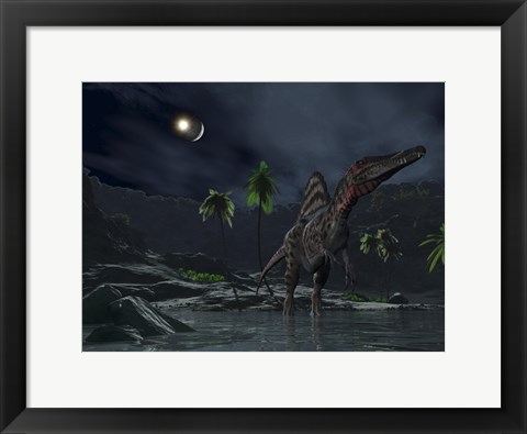 Framed Asteroid Impact on the Moon while a Spinosaurus Wanders in the Foreground Print