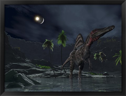 Framed Asteroid Impact on the Moon while a Spinosaurus Wanders in the Foreground Print