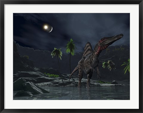 Framed Asteroid Impact on the Moon while a Spinosaurus Wanders in the Foreground Print