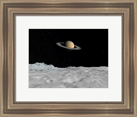 Framed Artist&#39;s concept of Saturn as seen from the Surface of its Moon Lapetus Print