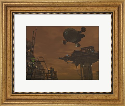 Framed Illustration of a Spacecraft and Astronauts at a Mining site on Saturn&#39;s Moon Titan Print