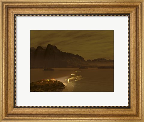 Framed Artist&#39;s concept of a Robotic Probe Exploring a Frigid Ethane Lake on Titan Print