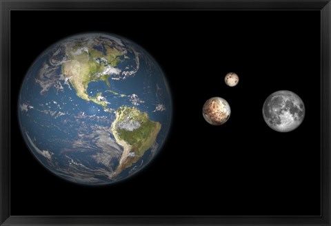 Framed Artist&#39;s concept of the Earth, Pluto, Charon, and Earth&#39;s moon to scale Print
