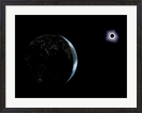 Framed Illustration of the City Lights on a Dark Earth During a Solar Eclipse Print