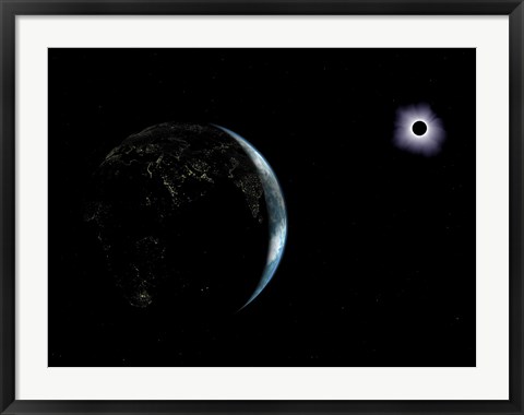 Framed Illustration of the City Lights on a Dark Earth During a Solar Eclipse Print