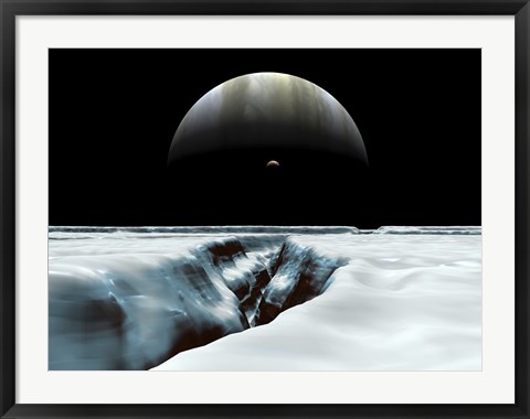 Framed Crescent Jupiter and Volcanic Satellite, Io, Hover over the Horizon of the Icy Moon of Europa Print