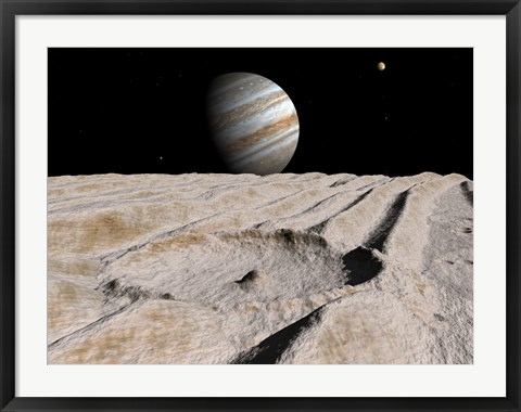 Framed Artist&#39;s Concept of an Impact Crater on Jupiter&#39;s Moon Ganymede, with Jupiter on the Horizon Print