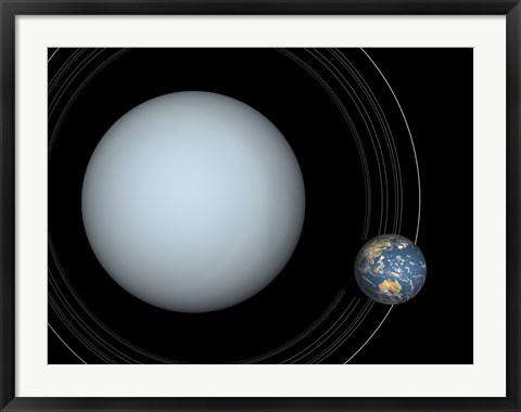 Framed Artist&#39;s concept of Uranus and Earth to scale Print