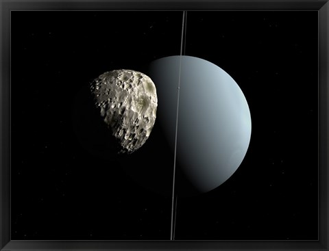 Framed Artist&#39;s concept of how Uranus and its Tiny Moon Puck Print