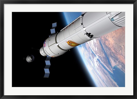 Framed Command Module Approaches an Awaiting Rocket in Earth Orbit Print