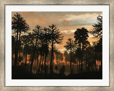 Framed Forest of Cordaites and Araucaria Silhouetted Against a Colorful Sunset Print