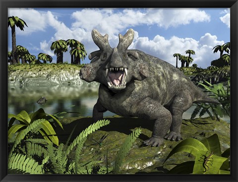 Framed Estemmenosuchus Mirabilis Stands Before a Lake 255 Million years ago Print