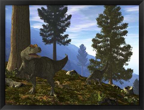 Framed Pair of Allosaurus Search for a Meal along a Mountainside Forest Print