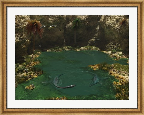 Framed Pair of Elasmosaurus Engage in a Swimming Courtship Dance Print