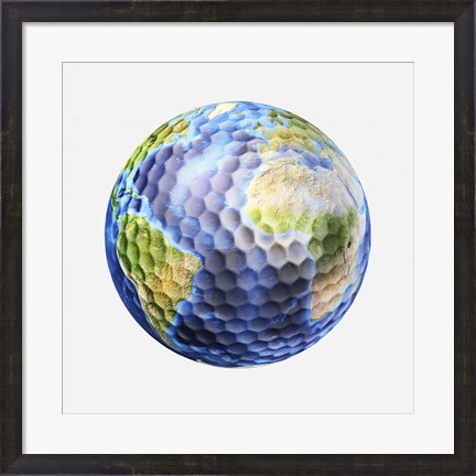 Framed 3D rendering of a planet Earth Golf Ball, White Background Print