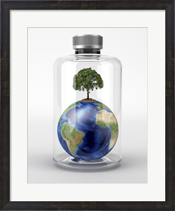 Framed Planet Earth with a Tree on Top, inside a Glass Bottle Print