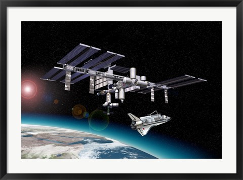 Framed Space Station in Orbit Around Earth with Space Shuttle Print