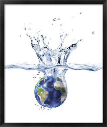 Framed Planet Earth Falling into Clear Water, Forming a Crown Splash Print