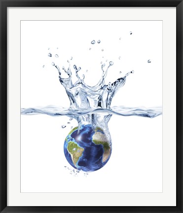 Framed Planet Earth Falling into Clear Water, Forming a Crown Splash Print