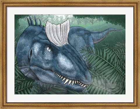 Framed Cryolophosaurus Walking through a Jurassic Forest Print