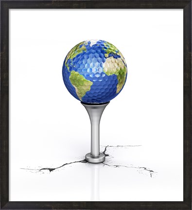 Framed Golf Ball with the Texture of Planet Earth Placed on a Tee Print