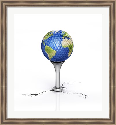 Framed Golf Ball with the Texture of Planet Earth Placed on a Tee Print