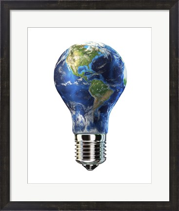 Framed Light bulb with planet Earth inside glass, Americas view Print