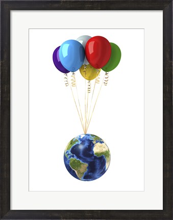 Framed Planet Earth Lifted by a Bunch of Flying Multicolored Balloons Print