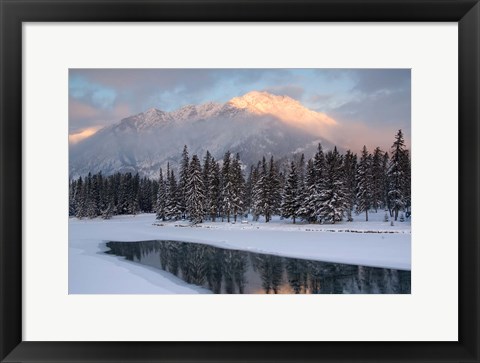 Framed View of Mt Edith and Sawback Range with Reflection in Spray River, Banff, Canada Print