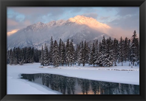 Framed View of Mt Edith and Sawback Range with Reflection in Spray River, Banff, Canada Print