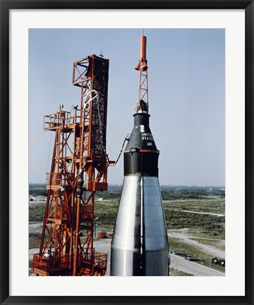 Framed Unmanned Mercury-Atlas Capsule sits Stop its Atlas Launch Vehicle Print