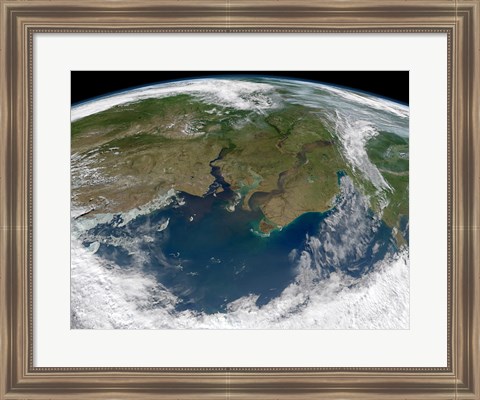 Framed Satellite View of the Ob and Yenisei rivers as They carry Sediments into the Kara Sea Print