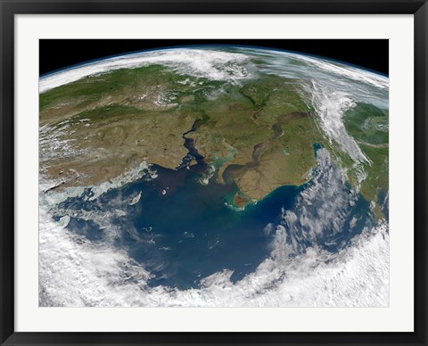 Framed Satellite View of the Ob and Yenisei rivers as They carry Sediments into the Kara Sea Print